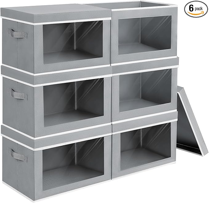 Homsorout Large Storage Bins with Lids - Fabric Storage Cubes with Window, Collapsible Bins for Clothes, 15.7 Inch Large Baskets for Bedroom, Dorm, Office, Grey, 6 Pack by Homsorout