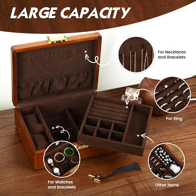 Solid Walnut Wood Jewelry Box with Lock,2 Layer Velvet Lined for Earrings Rings Necklaces Bracelets Watches,Both Style and Security, for Men Women,Vintage Brown - Image 8