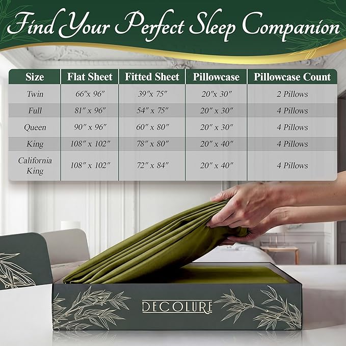 DECOLURE 100% Viscose Derived from Bamboo Sheets King Size - Luxury 6 Pc Naturally Cooling Sheets, Ultra Soft Bed Set - Deep 17" Pockets, Durable Double Stitching, Oeko Tex Standard (Light Olive)