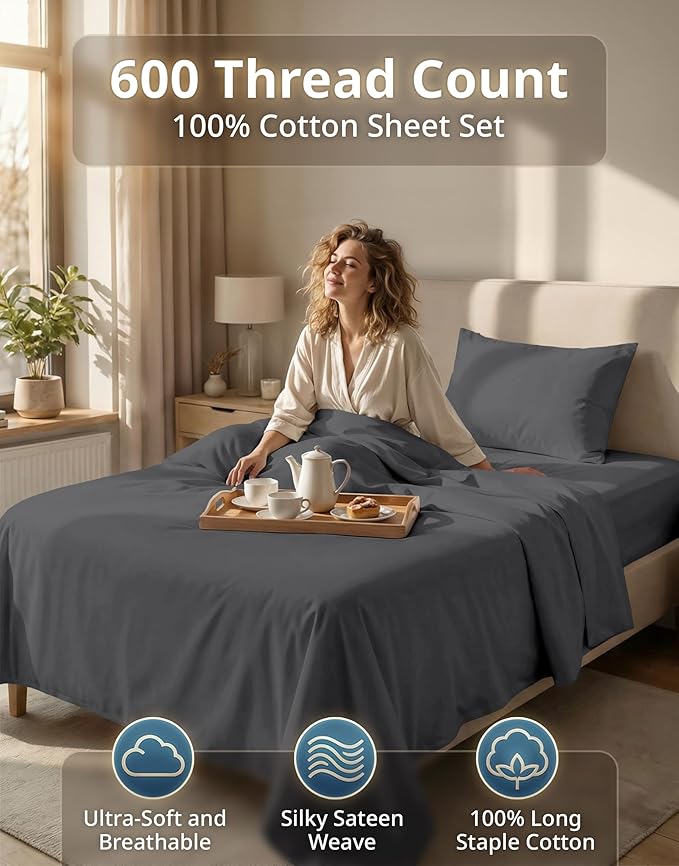 LANE LINEN Twin Bed Sheets Set - 600 Thread Count Sateen Weave for Smooth & Silky Feel On Skin - Breathable 100% Cotton Sheets for Single Beds - Fits Mattresses Upto 15'' Deep - Charcoal