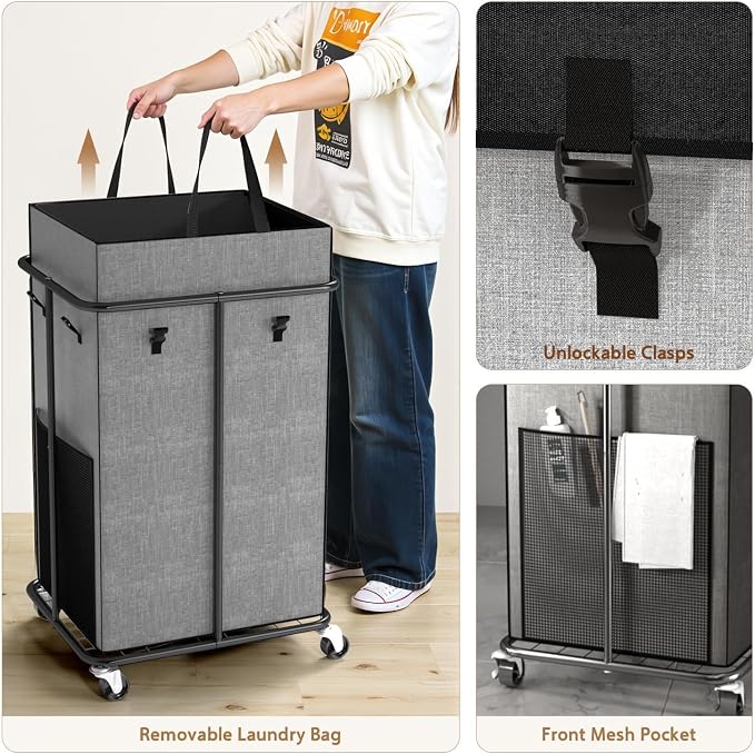 40 Gal Large Laundry Hamper with Lid, Rolling Laundry Basket with Wheels, Oxford Fabric Dirty Clothes Hampers with Removable Laundry Bag & Metal Frame for Bedroom, Laundry Room, Bathroom, Dorm(Grey) - Image 5
