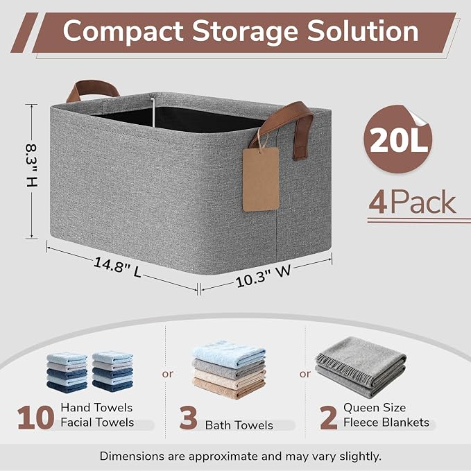 CHICVITA 4 Pack Storage Baskets for Shelves, Foldable Fabric Storage Bins with Metal Frame Handles, Closet Organizer Bins for Toys Blankets, 14.8" x 10.3" x 8.3", Gray - Image 3