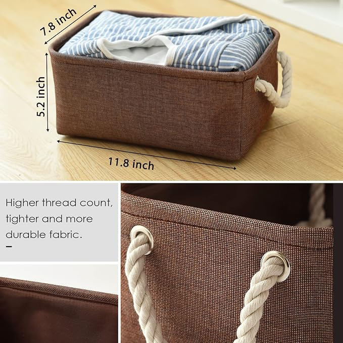 TheWarmHome Small Fabric Canvas Storage Bin with Cotton Rope Handles - Foldable Empty Basket for Gift (Brown-1 Pack,11.8L7.9W5.2H inch) - Image 5