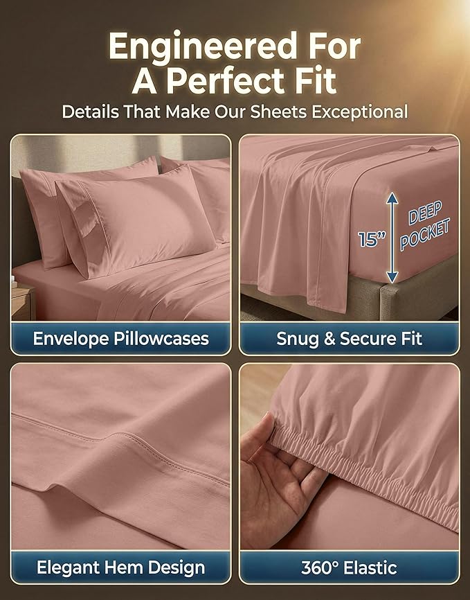 LANE LINEN California King Sheet Sets - 600 Thread Count Premium Sateen Weave - Thick & Comfy Cotton Sheets for Hotel Quality Softness - 15'' Deep Pocket for Snug Fit to Your Mattress - Sepia Rose