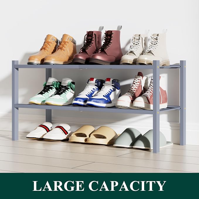 Smiry Shoe Rack, 2 Tier Bamboo Shoe Organizer, Stackable Free Standing Wooden Shoe Storage Shelf for Closet, Entryway, Front Door Entrance, Grey - Image 5