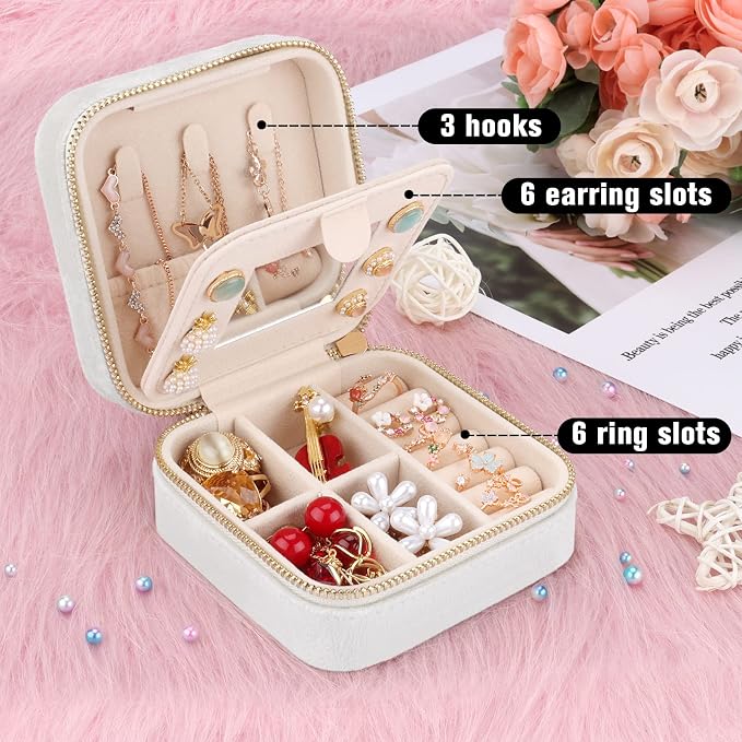 DesignSter Travel Jewelry Box - Velvet Mini Jewelry Organizer, Small Jewelry Case for Girls Women, Jewelry Storage Box for Rings Earrings Necklace (Square, Cream Beige) - Image 4