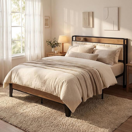 LIKIMIO Full XL Bed Frames, Storage Headboard with Charging Station, Solid and Stable, Noise Free, No Box Spring Needed, Easy Assembly, Wood and Cream