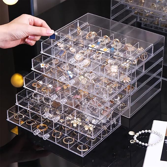 Clear Acrylic Jewelry Storage Box, Earring Jewelry Organizer with 5 Drawers, 5-Layer Jewelry Box for Women, Earrings Display Holder for Ring Bracelet Necklace, 120 Grid Compartment Storage Box by Euedue