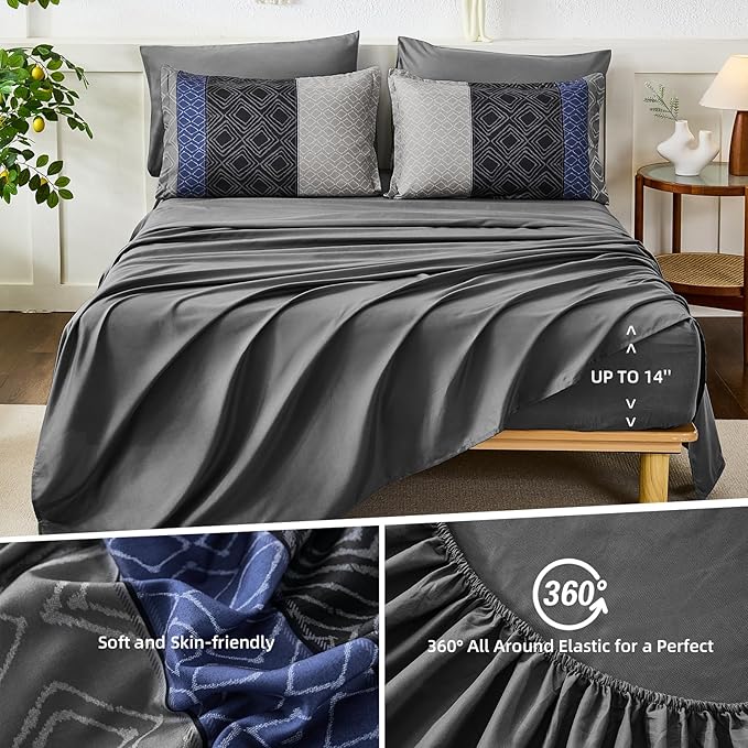 Dinjoy Blue Gray King Size Comforter Set,Striped Boho Bed in a Bag King 7 Pieces Soft Fall Bedding Comforters Microfiber Complete Sets for All Season