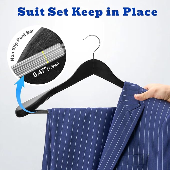 HOUSE DAY Wood Suit Hangers for Men 24 Pack, Smooth Wide Shoulder Wooden Hangers with Non Slip Pant Holder, Wide Hangers for Suits, Coats, Jackets, Heavy Wide Clothes Hanger, Black - Image 4
