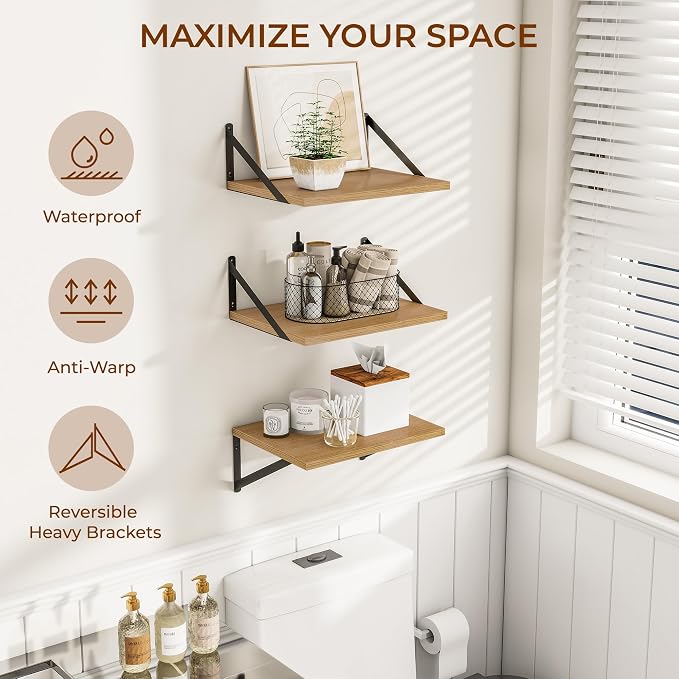 Heimlove Deep Floating Shelves for Wall, 12 Inch Deep Floating Shelves Set of 3, 16W x 12D Wood Wall Shelves, Wide Wood Shelves with Metal Bracket for Living Room, Kitchen, Office, Bedroom - Oak - Image 4