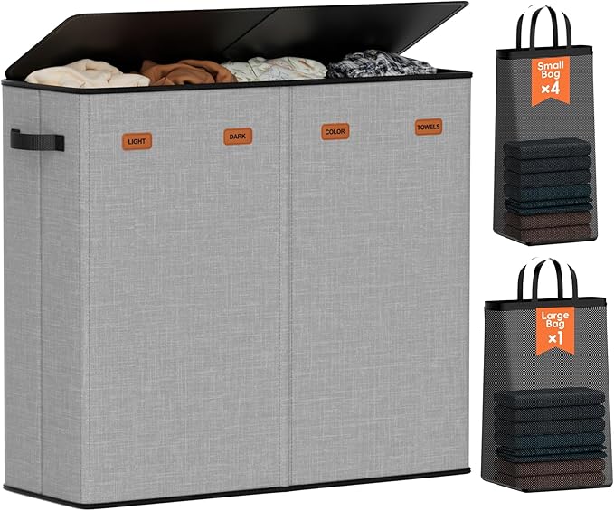 Laundry Hamper 4-Section with Lid, 185L Laundry Sorter with 4 Removable Bags + 1 Extra Large Bag, Switchable 3/4 Compartment, Laundry Basket Organizer for Bedroom, Laundry Room，Grey by Vexalora