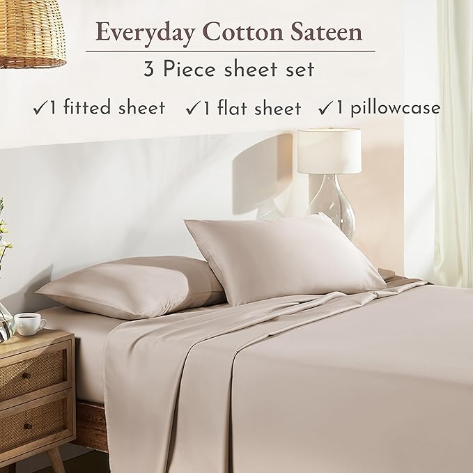 California Design Den Natural 100% Cotton Sheets Twin XL Size Set - Soft Sateen, Twin XL Sheet Sets, 12" Pockets, Breathable & Durable Bedding for Dorm Rooms, College Beige (Warm Taupe)