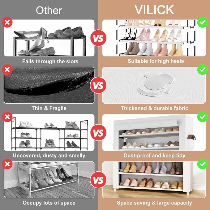 VILICK Shoe Rack with Cover Narrow Shoe Organizer with Pockets 10 Tier Tall Shoe Storage Holds 36-41 Pairs Shoes and Boots Shoe Rack for Closet Entryway Garage, White - Image 5