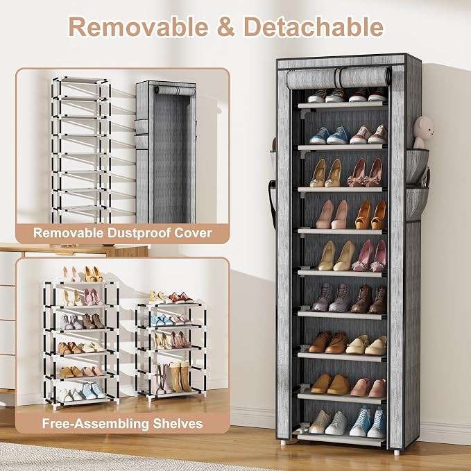 VILICK Shoe Rack with Cover Narrow Shoe Rack Organizer with 4 Side Pockets 10 Tier Tall Shoe Storage Shoe Shelf Holds 18-22 Pairs Shoes and Boots Shoe Rack for Closet, Printing - Image 6