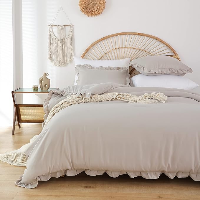 JANZAA Oatmeal Twin Ruffled Soft Twin Size Bed Set Vintage Farmhouse Bed Comforter Set Shabby Fluffy Bedding (1 Comforter Set and 1 Pillowcase)