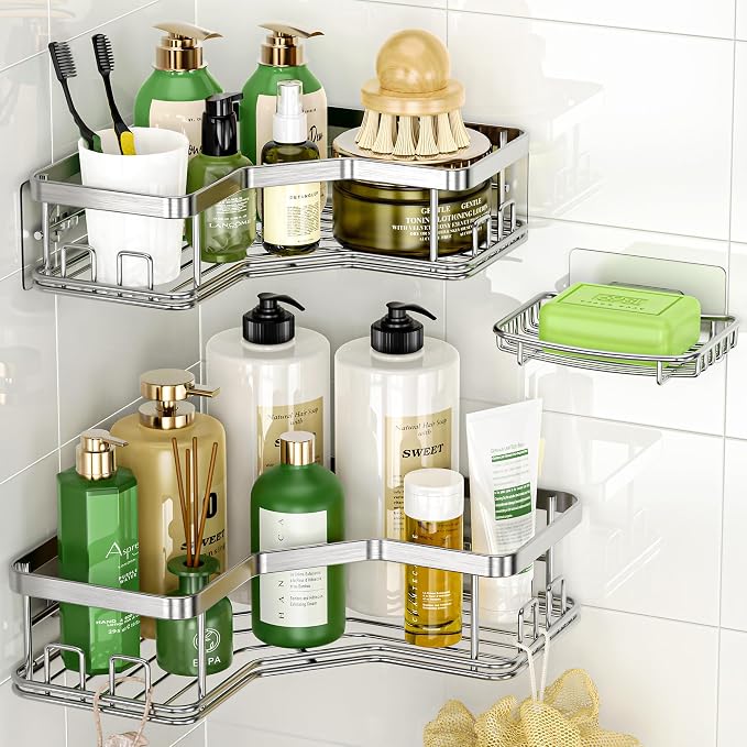 MAXIFFE 3 Pack X-Large Corner Shower Caddy with Soap Holder, Large Capacity Easy Install No Drilling Stainless Steel Sturdy Hold 40 LB Shower Organizer Shelves Rack for Family Renters Bathroom, Silver by MAXIFFE