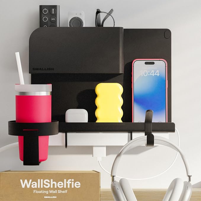 WallShelfie Bedside Wall Organizer & Dorm Decor - Dorm Room Essential, Floating Bedside Shelf Wall Mount Organizer, Remote Control Holder, Cool Teen Girls Trendy Stuff, Room Organization (Black) by Smallish