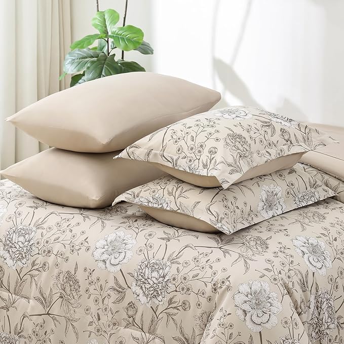 Yiran 7 Piece Bed in a Bag Beige Comforter Set King Leaves Botanical Bedding Set,Soft Microfiber Floral Comforter with 2 Pillowcases 2 Pillow Shams 1 Flat Sheet 1 Fitted Sheet 104"×90"