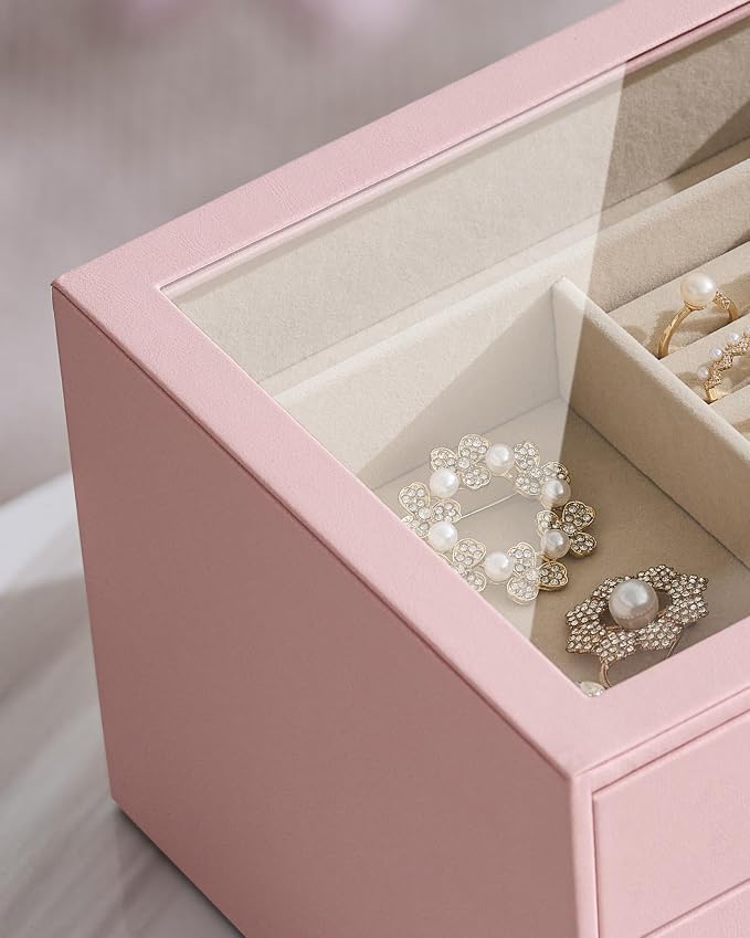 pickpiff Jewelry Box Organizer Case for Women: 4-Layer Jewelry Storage Case with Glass Window, Pink Leather with Velvet Holder for Ring Necklace Bracelet Brooch Watch, Great Gift for Her - Image 8