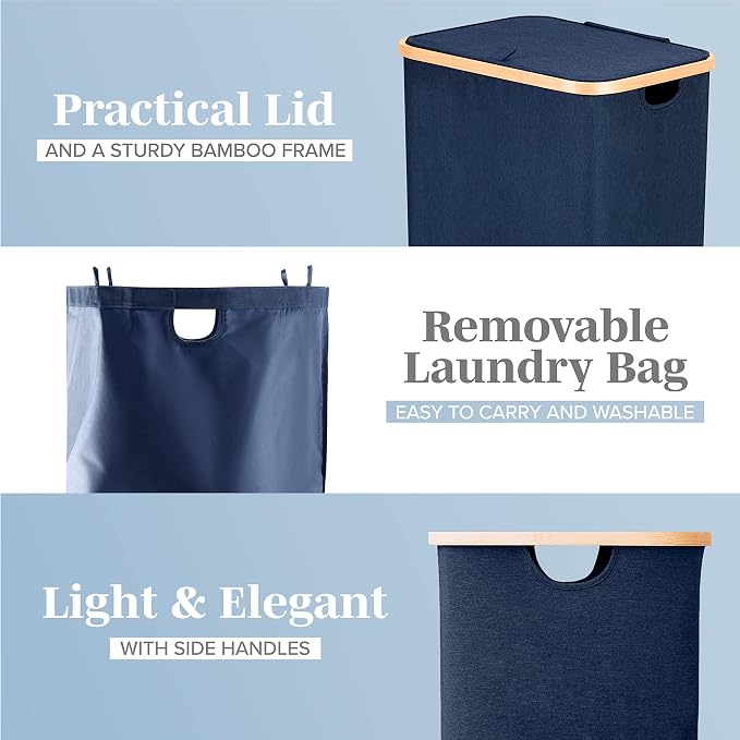 LONBET Laundry Basket with Lid, Made from Breathable Fabric | Aesthetic Clothes Hampers for Laundry with Side Handles & Sturdy Bamboo Frame (26 Gallons - Single, Blue) - Image 2
