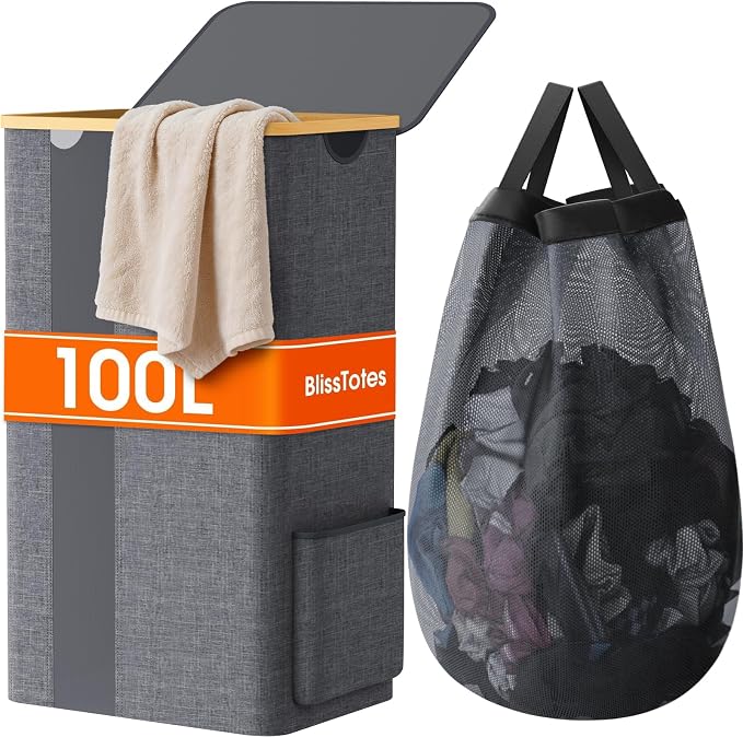 BlissTotes Laundry Basket with Lid, 100L Clothes Laundry Hamper with Handles and Removable Laundry Bag, Breathable Design Hamper with Lid for Bedroom, Bathroom, Dorm, Laundry Room - Light Grey by BlissTotes