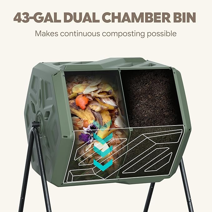 Werph Updated 43 Gallon Dual-Chamber Compost Bin, Fast Assembly Outdoor Compost Tumbler, Rotating Batch Composter Bin with Gloves for Garden, Kitchen, and Yard - Image 5
