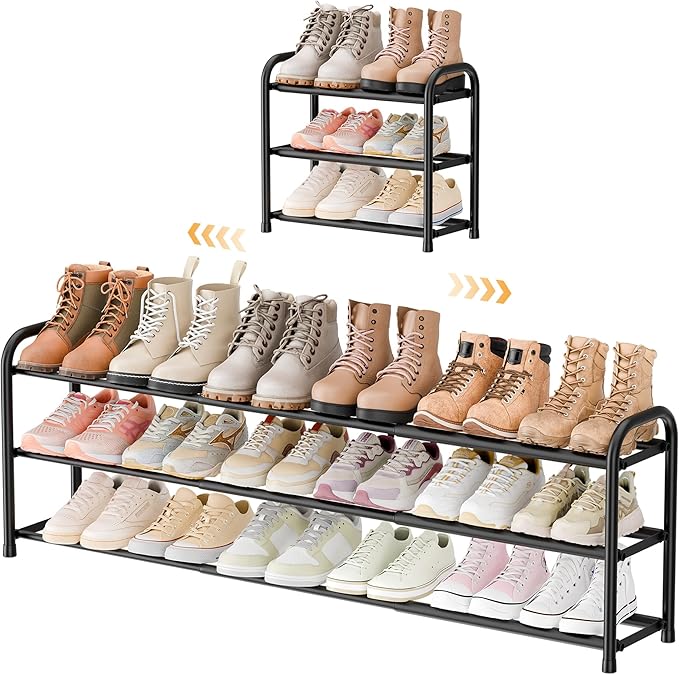 ENJOYBASICS 3 Tier Expandable Shoe Rack for Closet, Free Standing Metal Shoe Shelf Storage Organizer Holder 18 Pairs, Adjustable Width Shoe Rack for Entryway Small Space, Black by ENJOYBASICS