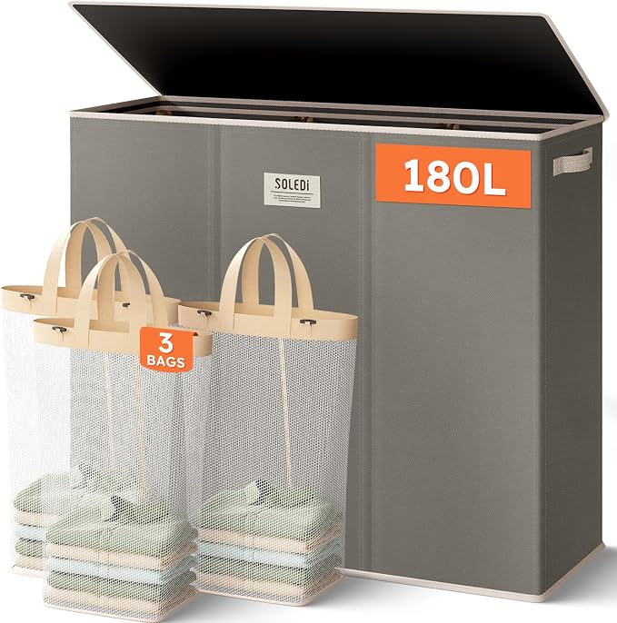 SOLEDI 180L 3-Section Laundry Hamper with Lid, Extra Large Dirty Clothes Basket with Sturdy Handles for Laundry Room & Bedroom - Durable Organizer for Sorting Laundry by SOLEDI
