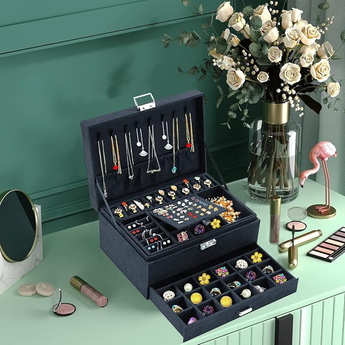 QBestry Jewelry Box for Women with Drawer, 3-Layer Large Jewelry Organizer with Lock & Key, 8 Necklace Hooks & 56 Earring Holes, Black Velvet Jewelry Storage Box for Necklaces Earrings Rings Bracelets - Image 4