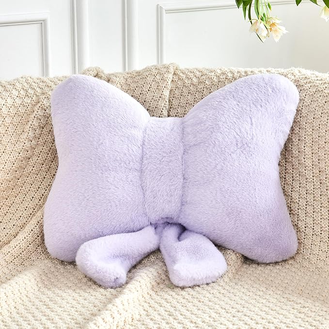 XVTRU Lavender Bow Pillow, Soft Bow Decorative Pillows with Faux Rabbit Fur, Cute 12" Bow Throw Pillows, Aesthetic Home Decor Bow Shaped Plush Pillow for Bedroom Sofa Couch
