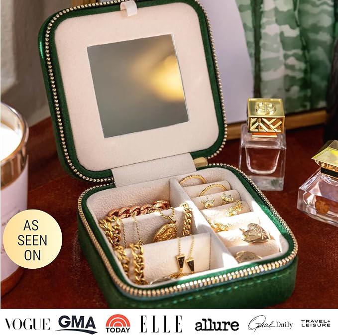 Benevolence LA Plush Velvet Jewelry Box | Travel Jewelry Case Organizer with Mirror | Featured in Oprah's Favorite Things | Best Gifts For Daughter, Girlfriend, Mom | Gifts For Her - Emerald - Image 6