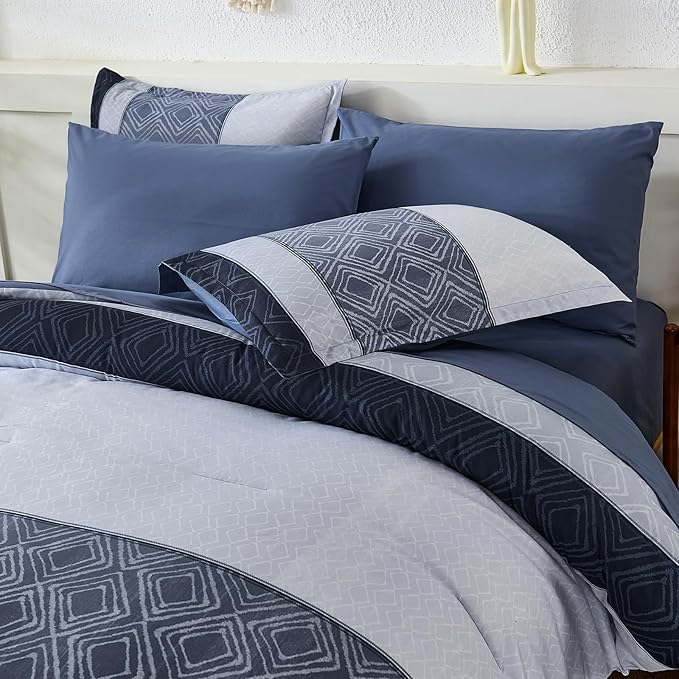 Dinjoy Boho Queen Comforter Set Mineral Blue,7 Piece Bed in a Bag Queen Size Warm Striped Fall Bedding Sets with Plaid Comforters with Sheets for Family All Season