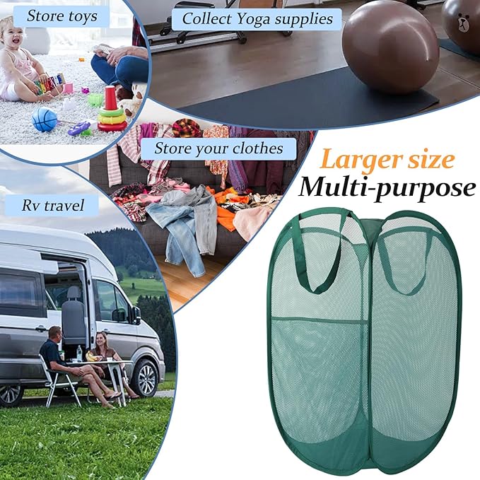 Upgraded 100L Extra Large Mesh Pop Up Laundry Basket With Handles, Light Breathable, Fold Compact, Large Hold Portable Foldable Dirty Clothes Basket For Bedroom, Laundry Room, Dorm, Hotel, Green.V - Image 4