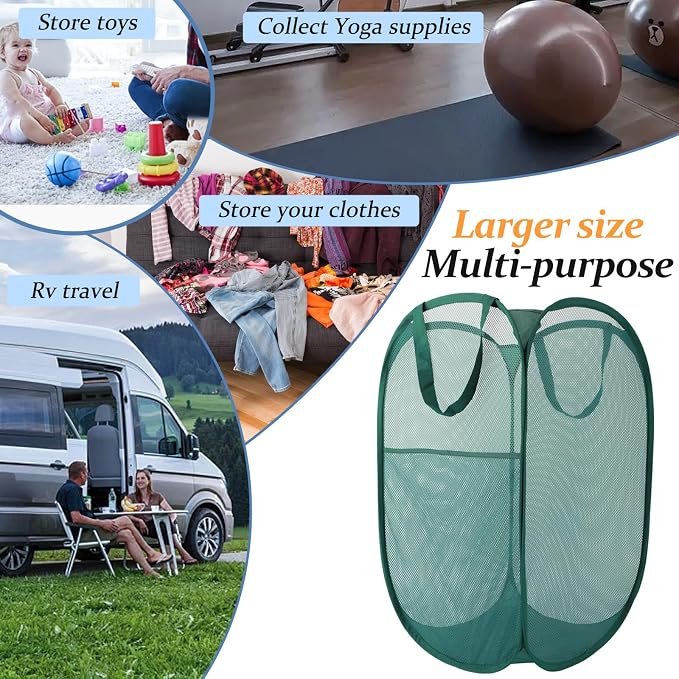 Upgraded 100L Extra Large Collapsible Laundry Baskets, 2 Pack XL Mesh Pop Up Laundry Hamper with Handles, Portable Travel Laundry Basket, Foldable Hamper. Green - Image 4