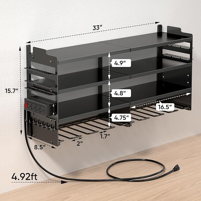 POKIPO Large Power Tool Organizer Wall Mount with Charging Station,4 Layer Heavy Duty Metal Tool Storage Rack Loads 600lbs with 8 Cordless Drill Holder,Battery Utility Rack Loads with 4 Power Strip - Image 7