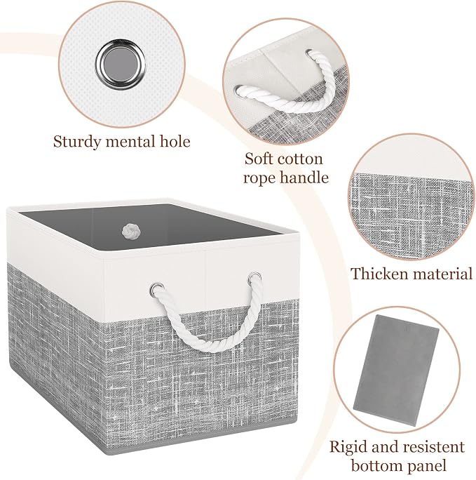 StorageTastic Storage Bin,Collapsible Storage Basket For Organizing,Large Storage Boxes With Rope Handles,Storage Containers,White & Grey,2 Pack - Image 4