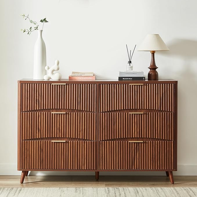 Evermagin 3-Piece Bedroom Furniture Set for Bedroom, 55" Wide Fluted 6-Drawer Dresser with 2 Nightstands, Mid-Century Modern Dresser and Nightstand Set (Walnut)
