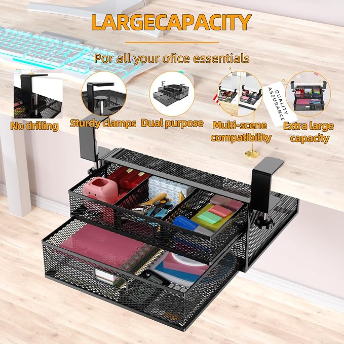 Under Desk Drawer Organizer No Drilling 2 Slide Out Drawer Under Desk Storage Drawer Clamp On Under Desk Management Drawer Organizer Suitable for Home and Office - Image 6
