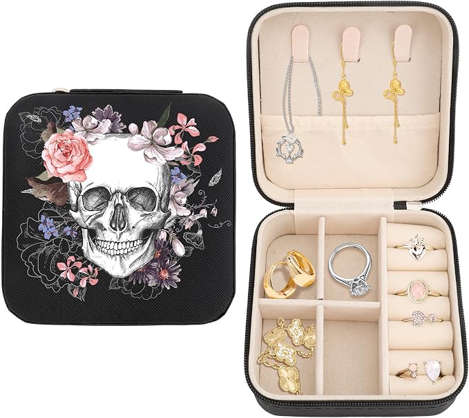 Skull Sugar Flowers Black Jewelry Box Portable Travel Jewelry Case Jewellery Organizer Storage Travel Essentials Earrings Box Ring Case Halloween Gifts for Women Girlboo Basket Stuffers by Unknown