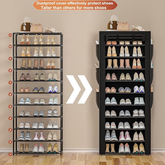 OYREL Large Shoe Rack, Black, 6 Side Pockets, 23.6" Wide x 11.4" Deep x 68.9" Tall, 36-41 Pairs of Shoes - Image 3