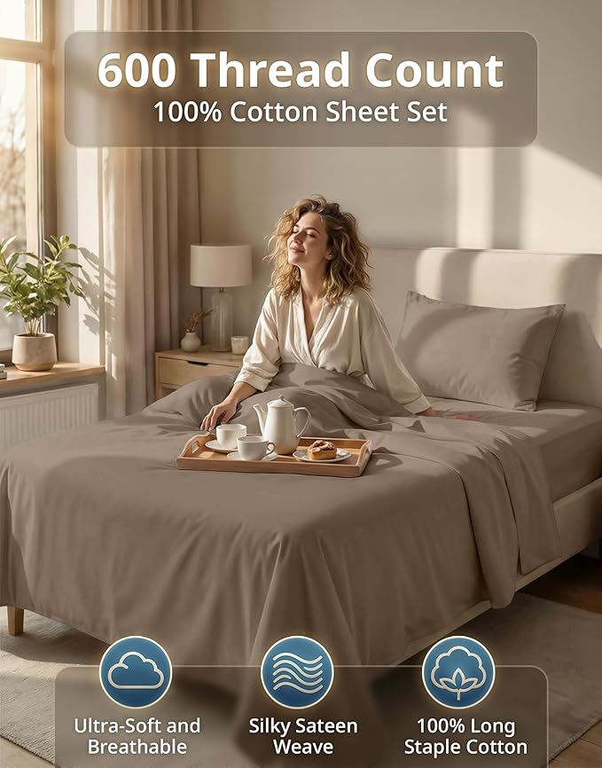 LANE LINEN 100% Cotton Sheets Twin Size - 600 Thread Count Sateen Weave for Smooth Feel On Skin - Extra Soft & Breathable Twin Sheet Set for Single Beds - Fits Mattresses Upto 15'' Deep - Taupe