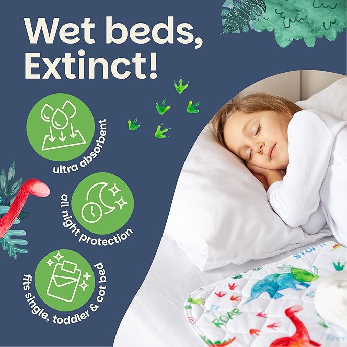 Lynmark® 2x Potty Training Mattress Protector Pee Pad for Kids - Waterproof Toddler Bed Wetting Mat for Toilet Training - Non-Slip Washable Bedwetting Topper Absorbs Up to 2000ml - 35" x 33", Dinosaur
