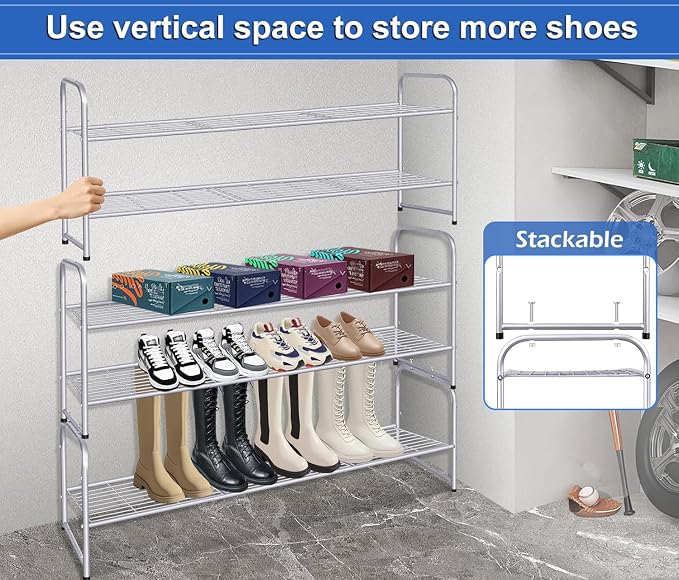 KEETDY 2-Tier Long Shoe Rack for Closet Shoe Organizer for Entryway, Metal Stackable Shoe Storage Shelf for 18 Pairs Sneakers with Strong Wire Grid, Gray - Image 4