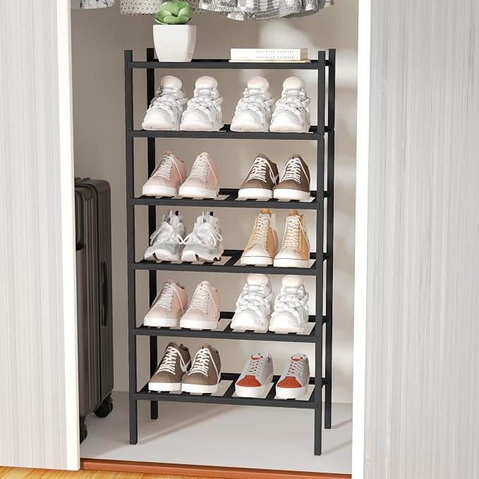 ROMGUAR CRAFT 6-Tier Bamboo Small Shoe Rack, Free Standing Wood Shoe Shelf Storage Organizer for Closet Entryway Stackable (Black) - Image 6