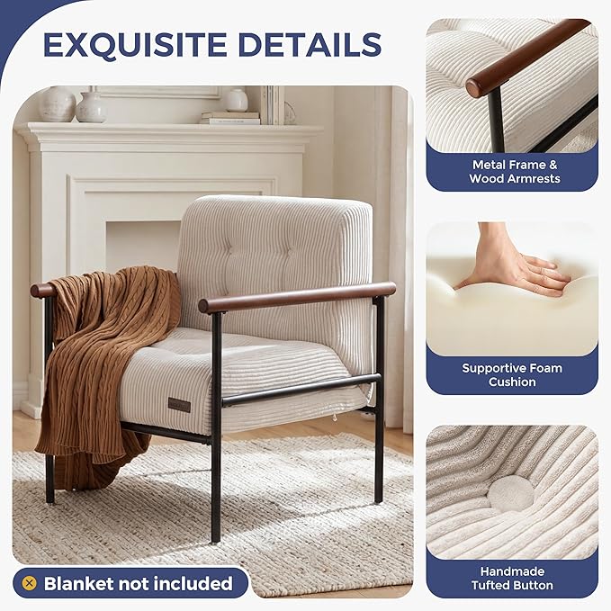 MAXYOYO Living Room Accent Chair, Modern Chair with Sturdy Metal Frame & Wood Armrests, Upholstered Reading Chair with Upholstered Cushion for Bedroom Balcony Porch, Beige