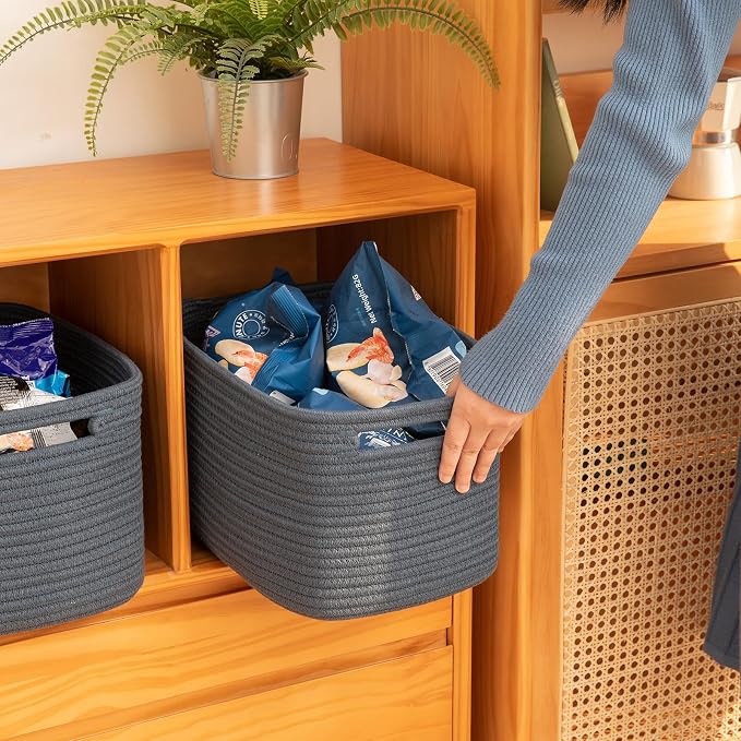 OIAHOMY 4 Pack Storage Baskets for Organizing, Cube Storage Bins for Shelves, Rectangle Storage Baskets With Handles, Woven Baskets for Storage, 12.7''Lx9''Wx7.8''H, Blue - Image 4