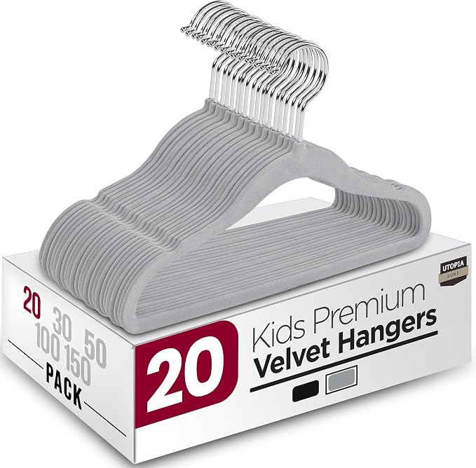 Utopia Home Kids Velvet Hangers 20 Pack – 11 Inch Non-Slip Baby Hangers for Baby and Toddlers, Durable Ultra-Slim Space-Saving Closet Organizers (Grey) by UTOPIAHOME