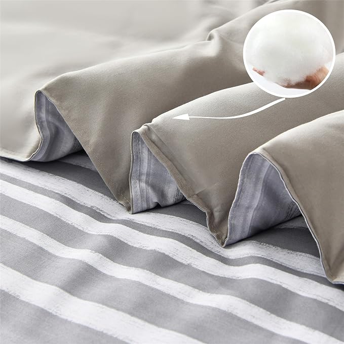 KAKIJUMN 7 Piece Bed in a Bag Stripe Comforter Set Full Size, White Grey Patchwork Striped Comforter and Sheet Set, All Season Soft Microfiber Complete Bedding Set(Light Grey,Full)