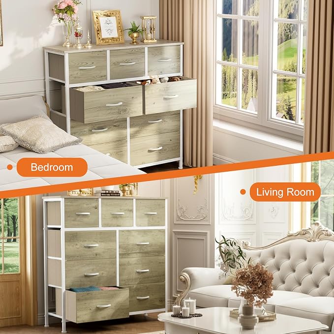 Sweetcrispy 9 Drawer Fabric Dresser Storage Tower with Wood Top and Steel Frame, Organizer Chest with Easy Pull Handles for Bedroom, Closet, Hallway,Oak Greige - Image 7